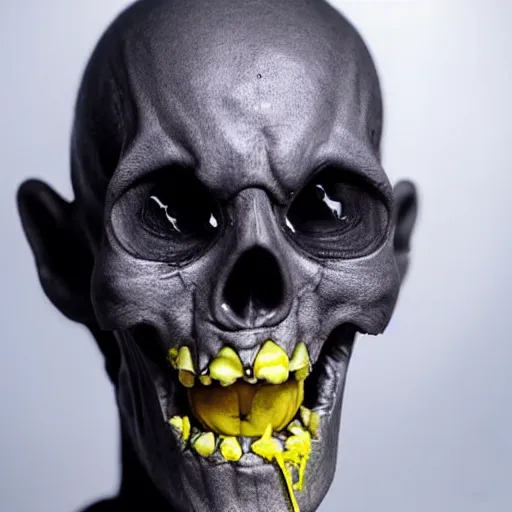 Prompt: crooked teeth, completely black eyes, gaping mouth, alien looking, skull like, big forehead, horrifying, killer, creepy, dead, monster, tall, incredibly skinny, open mouth, deathly, old photo, photo turning yellow, slightly realistic