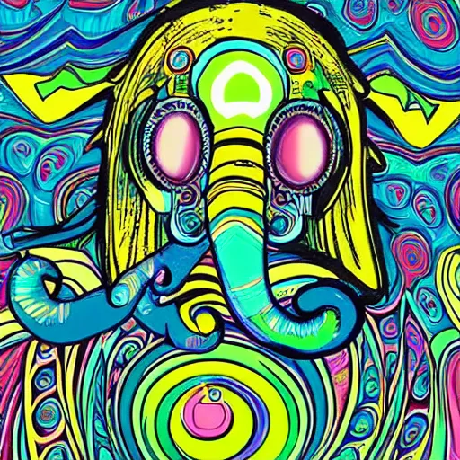 Prompt: elephant in a living room, psychedelic art, anime style, highly detailed, LSD