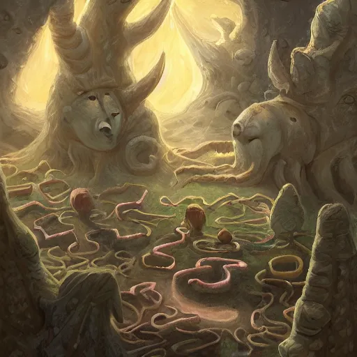 Image similar to a village built on the god of nyarlathotep, toad - like creatures that seemed to change their shape and appearance constantly, and from which emanated, in some way that i am unable to distinguish, a horrible hooting, a kind of flute. oil painting, digital art, ultradetailed, artstation