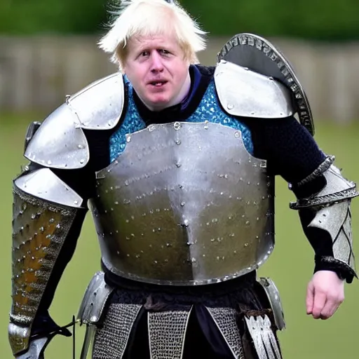 Image similar to Boris Johnson with armour like a medieval knight, photo