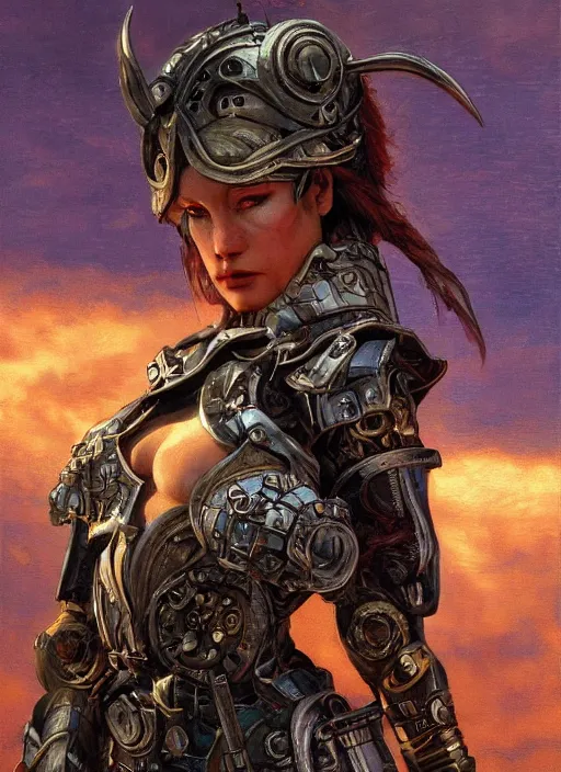 Prompt: dynamic! closeup biblical diabolical pirate! cyborg girl! stylish armor, heavy eyes to the side, closeup, bright glowing eyes, in clouds, rain, sunset, portrait, by gerald brom, by mikhail vrubel, by peter elson, muted colors, extreme detail, mirrors, trending on artstation, 8 k