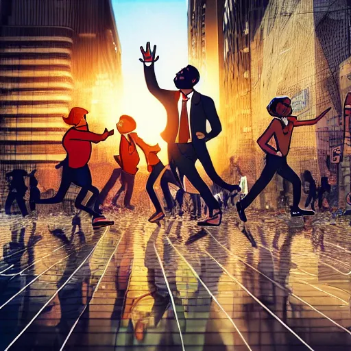 Image similar to bunch of people running away from a bitcoin giant in the city, hyper detailed, hdr, 8 k, beautiful lighting, dribbble art
