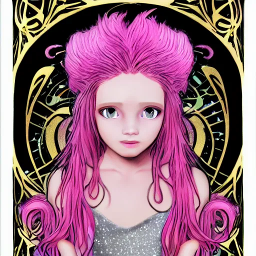 Image similar to a mythological young girl with freckles and pink hair looks at the camera, she has sparkles and stickers on her face rococo, art nouveau, manga, expressionism 3 d 8 k ultra detailed