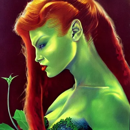 Image similar to poison ivy from batman, painting by Boris Vallejo