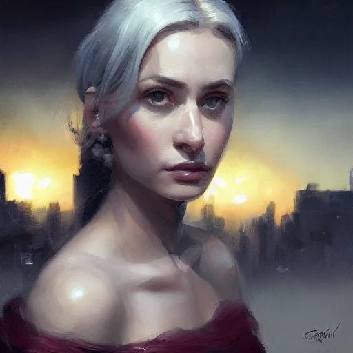 Image similar to closeup portrait of esme augusta bianco, dramatic lighting, city background, sunset, chiaroscuro, complementary contrast high detail, painted by greg rutkowski, painted by igor kieryluk, painted by bobby chiu, trending on artstation