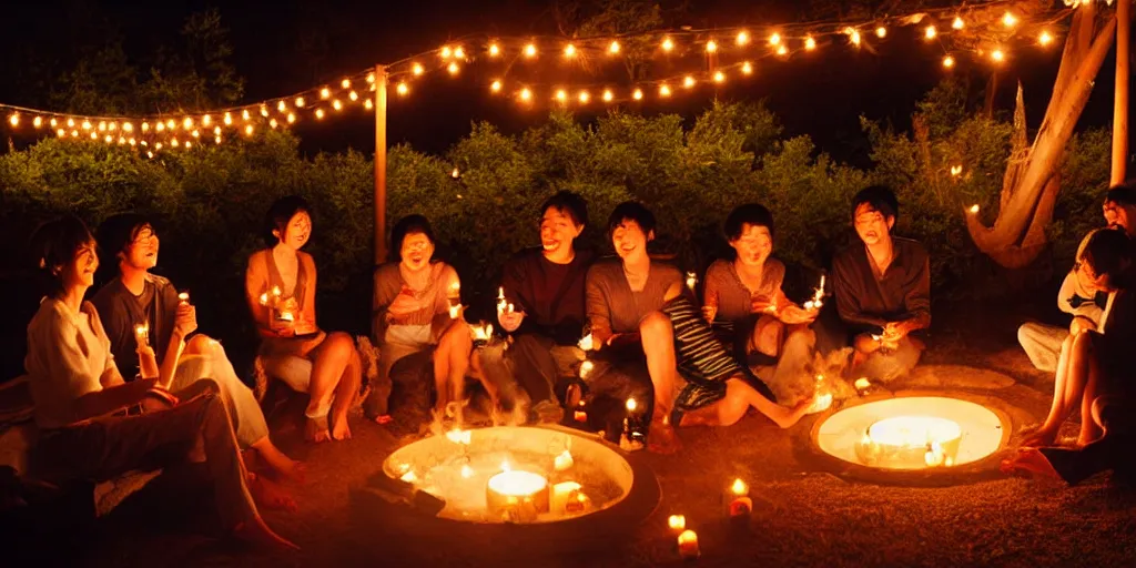 Image similar to people at a cozy party at midnight, bay area, candles, fire pit, hot tub, by studio ghibli