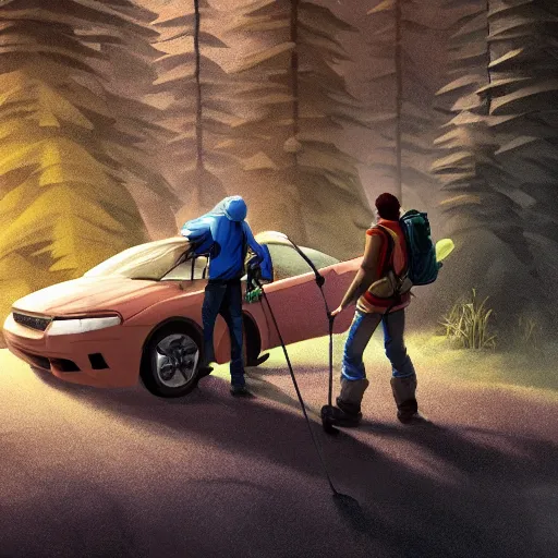 Prompt: hiker unloading the car before camping, by roman shipunov, cgsociety, fantasy art, 2 d game art