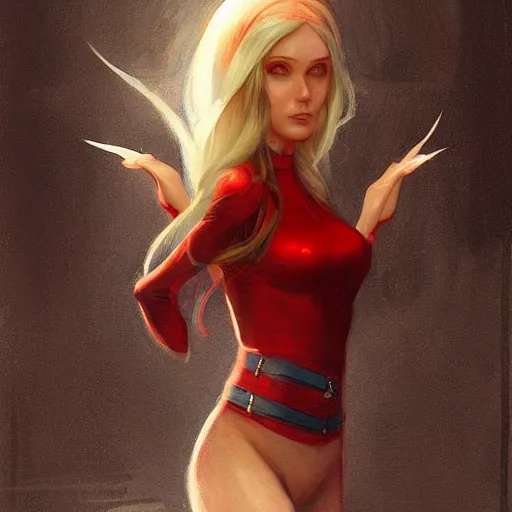 Prompt: a painting of an female elf wearing a skintight dress with blonde hair red eyes. by edward robert hughes and craig davison and tooth wu and wlop and beeple and greg rutkowski. trending on artstation, highly detailed, volumetric lightning