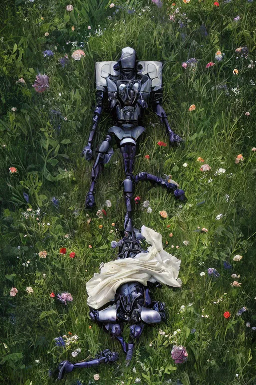 Prompt: a fancy portrait of a broken robot laying in the meadow covered in plants by greg rutkowski, sung choi, mitchell mohrhauser, maciej kuciara, johnson ting, maxim verehin, peter konig, bloodborne, 8 k photorealistic, cinematic lighting, hd, high details, dramatic, dark atmosphere, trending on artstation