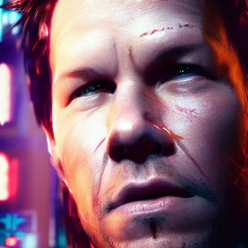 Image similar to mark wahlberg portrait, cyberpunk 2 0 7 7, cyberpunk, photorealistic, ultra detailed, neon, octane, bokeh, cinematic lighting, cyber, cyberpunk city, studio quality, feature, scars, cyberface, 8 k