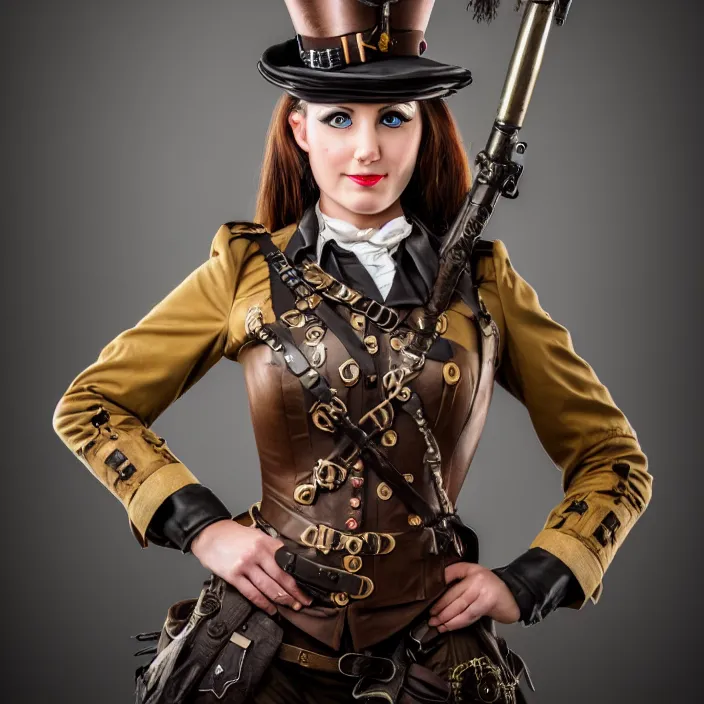 Image similar to full length portrait photograph of a real-life beautiful woman steampunk soldier. Extremely detailed. 8k
