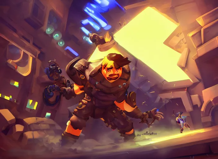 Image similar to willyrex being beaten by a huge golem, digital art, overwatch splashart