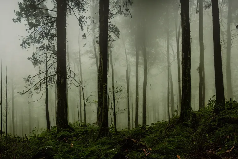 Image similar to An ultrawide cinematic shot of a forest at night with fog and lightning.