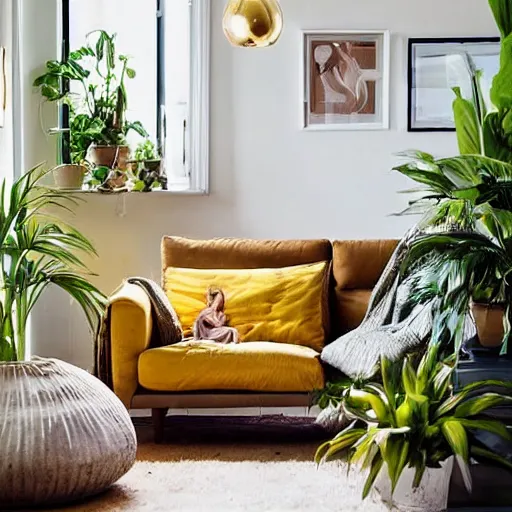 Prompt: An IKEA catalog photograph of a cozy, warm living room, bathed in golden light, with many tropical plants and eclectic furniture, a figure rests on an old couch, highly relaxed, sunday afternoon, living the good life, at peace, golden ratio