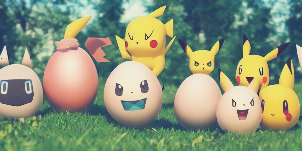 Prompt: real life pokemon egg group, cute!!!, content!!!, mischievous!!!, adorable!!!, fluffy!!!, ultra realistic!!!, golden hour, sharp focus, tiny amount of chromatic aberration