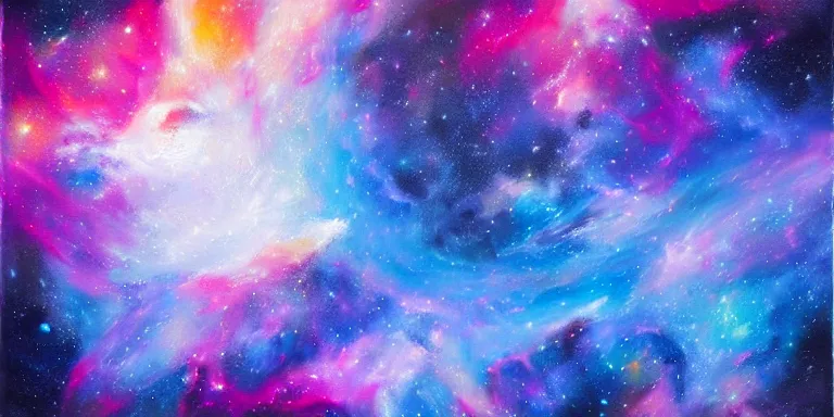 Prompt: a beautiful dramatic abstract acrylic high contrast painting with splotches on a white background of geometric shaped nebula by viktoria lapteva trending on artstation