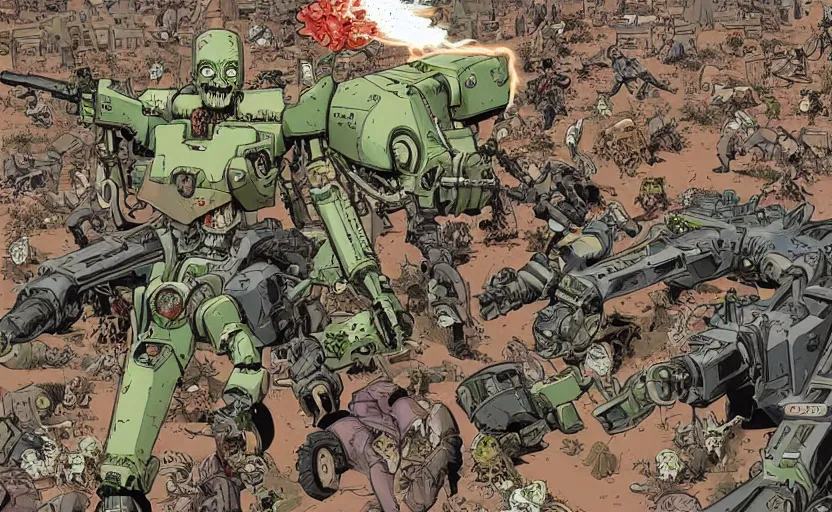 Image similar to a zombie vs mecha battle, art by geoff darrow, high quality, extremely detailed, wimmelbilder, - c 1 3. 0