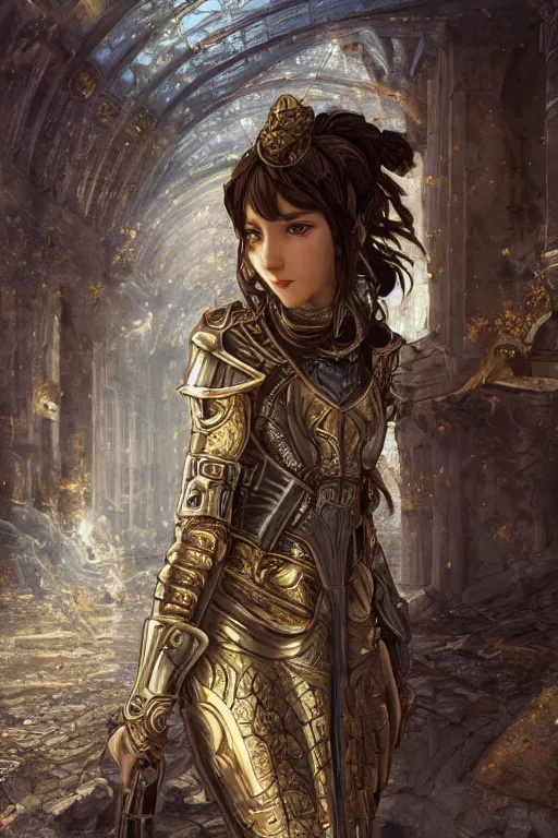 Image similar to portrait knights of Zodiac girl, metallic Silver and ice color reflected armor, in ruined Agora of Athens, ssci-fi, fantasy, intricate, very very beautiful, elegant, golden light, highly detailed, digital painting, artstation, concept art, smooth, sharp focus, illustration, art by WLOP and tian zi and alphonse mucha