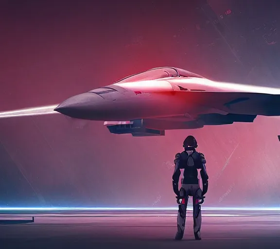 Image similar to fighter pilot stands beside futuristic sci fi fighter jet landed at runway of cyberpunk city ,dark cinematic lighting , digital concept art