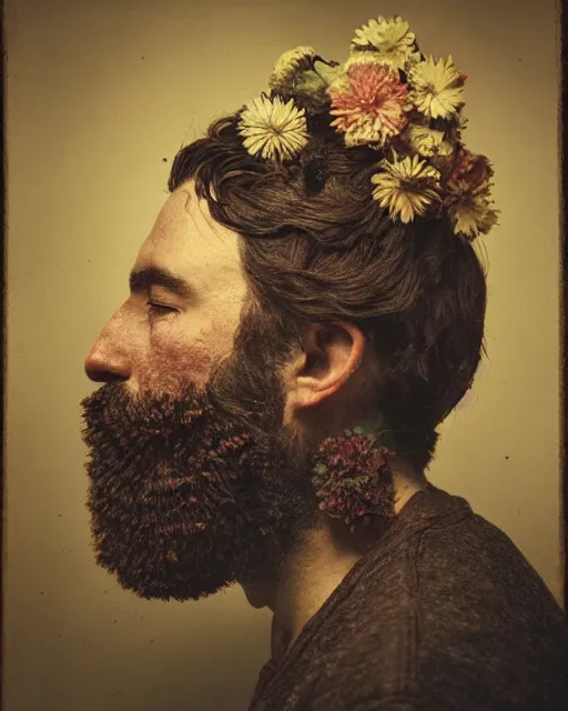 Image similar to a man's face in profile, beard, made of flowers and fruit, in the style of the Dutch masters and Gregory Crewdson, dark and moody