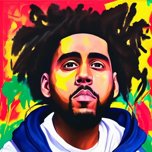 Prompt: j Cole portrait stylised big smears of paint 2016 trap album cover style chrometext