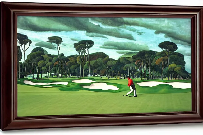 Image similar to Three golfers on a beautiful golf course driving range, by Diego Rivera