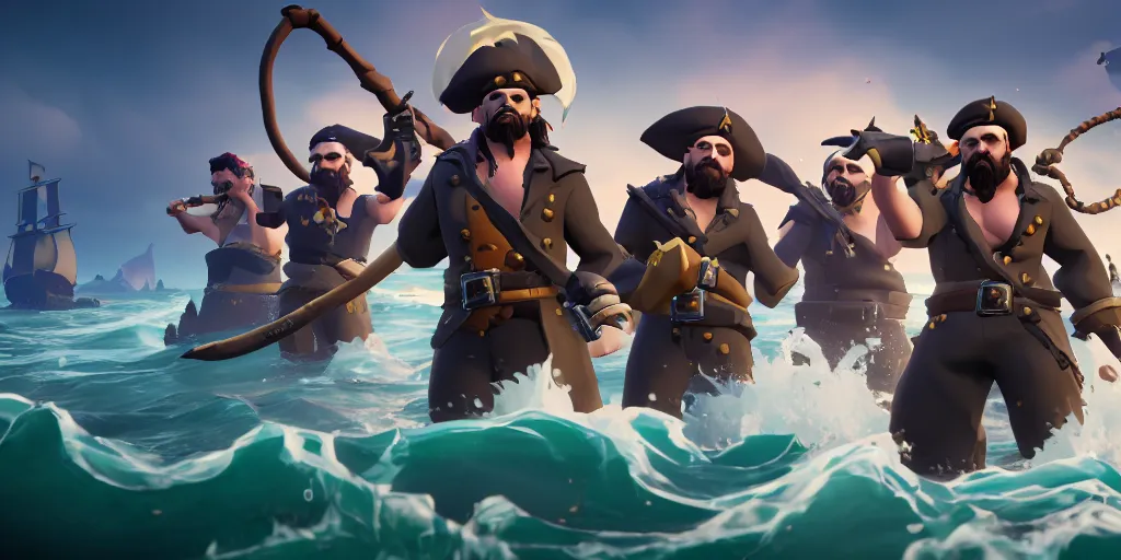 Image similar to portrait of sea of thieves characters, realism, sharp, sea of thieves screenshot, storm, unreal engine, digital art, kraken monster