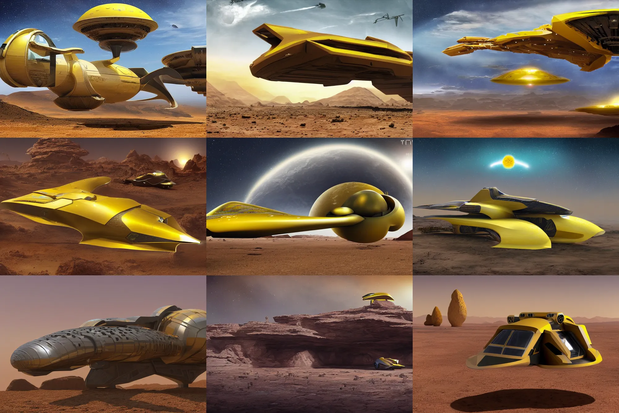 Prompt: a yellow african futuristic spaceship on a desert planet, science - fiction, matte painting