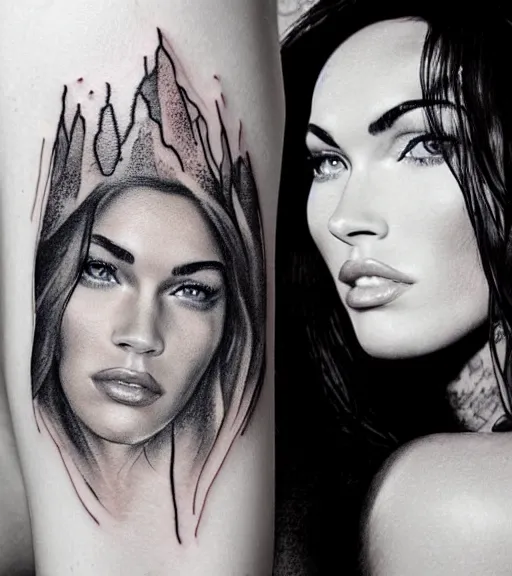 Prompt: realistic tattoo sketch of a megan fox face double exposure mountain scenery, in the style of matteo pasqualin, amazing detail, sharp, faded