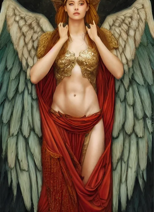 Image similar to a candid portrait of a female angel wrapped in cloth, her wings are fallen open by her side, in a roman castle, highly detailed, by tran nguyen and artgerm, warm colors