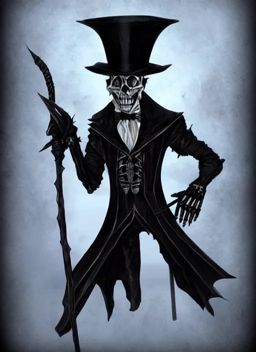 Image similar to DND character art, skeletal male figure, wearing a deep black suit!!! and tie and top hat, holding a gold! cane!. blue!!! flames!!