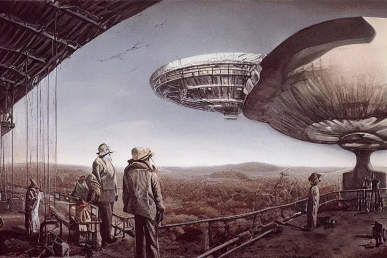 Prompt: waiting in line for the mothership, massurrealism, matte drawing, american realism, dystopian art