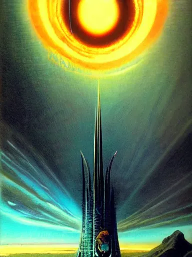 Prompt: The Eye of Sauron, art by Bruce Pennington and Jim Burns