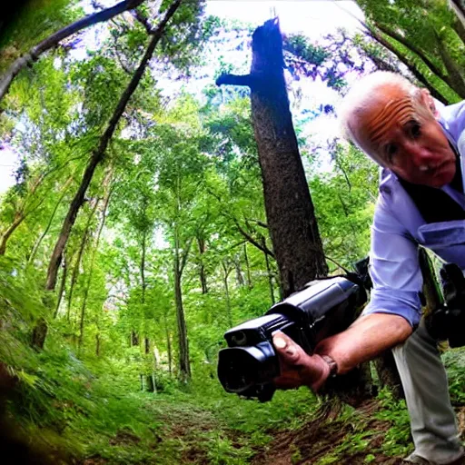 Prompt: trailcam footage of Joe Biden investigating the caamera, closeup, mild fisheye