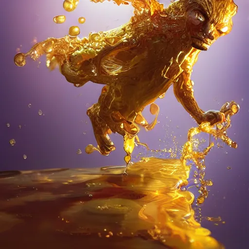 Image similar to droplet of golden honey splash, fantasy, hd, volumetric lighting, 4 k, intricate detail, by jesper ejsing, irakli nadar