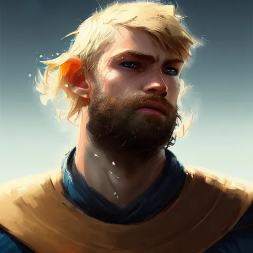 Image similar to a rugged young knight with blonde hair and blue eyes and a short beard and a scar under his left eye by Greg_Rutkowski, realistic, detailed, masterpiece, ArtStation