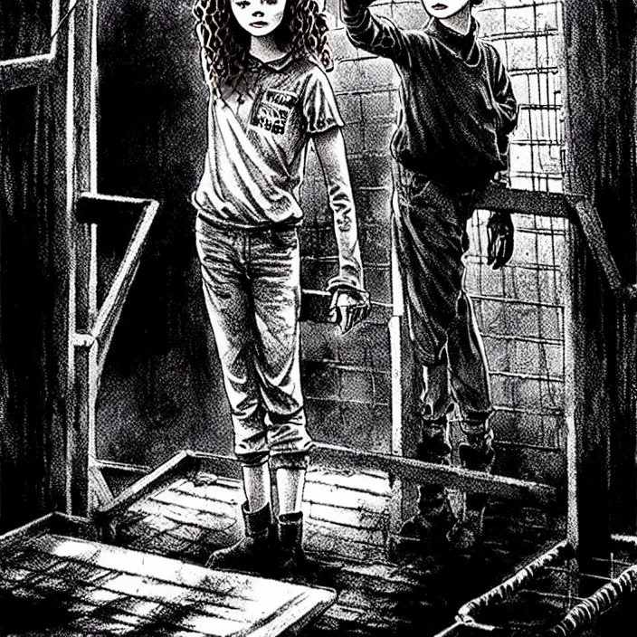 Image similar to sadie sink in dirty workmen clothes waves goodbye to workmen. background : factory, dirty, polluted. technique : black and white pencil and ink. by gabriel hardman, joe alves, chris bonura. cinematic atmosphere, detailed and intricate, perfect anatomy