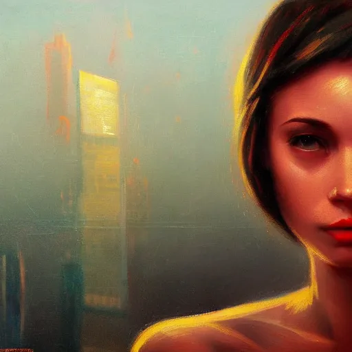 Image similar to detailed face of a woman, clockwork, moment, tectonic sky, skydome, bullet train, turbines, utopian, tech noir, wet reflections, prism, atmospheric, ambient, casey baugh, pj crook, syd mead, livia prima, edward hopper