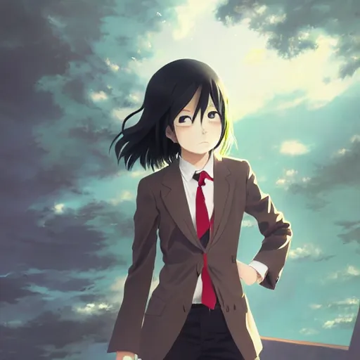 Prompt: tomoko kuroki watamote portrait fantastically detailed green eyes green eyes green eyes beige suit red tie by greg rutkowski makoto shinkai kyoto animation ultrahd award winning