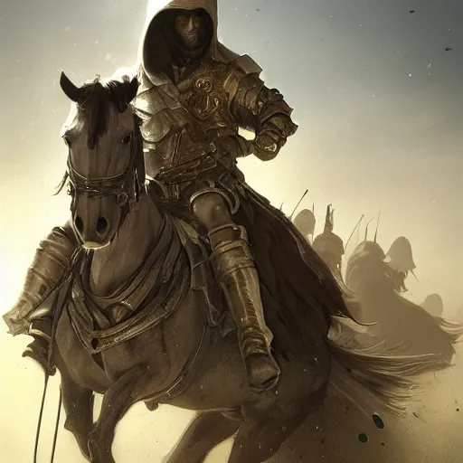 Prompt: epic portrait an hooded man riding a horse in a middle of an battlefield, explosions, dust, dirt, digital painting, artstation, concept art, soft light, hdri, smooth, sharp focus, illustration, fantasy, intricate, elegant, highly detailed, D&D, matte painting, in the style of Greg Rutkowski and Alphonse Mucha and artemisia, 8k, highly detailed, jurgens, rutkowski, bouguereau, pastoral, rustic, georgic, detailed concept art, illustration, colorful pastel, painting, detail, ultra detailed, digital art, 4K,