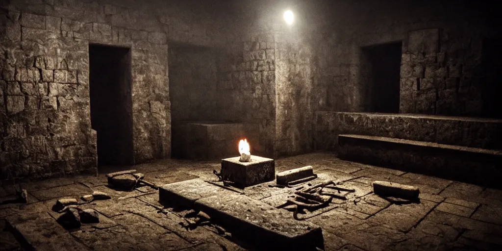 Image similar to sacrifice ritual inside of dark crypt, smoke, horror