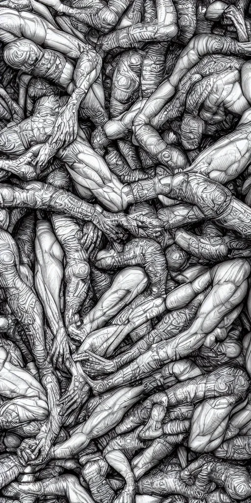 Prompt: closeup of beautiful human bodies intertwined, greebles, highly detailed, hyperrealism