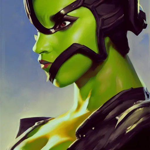 Image similar to greg manchess portrait painting of jade from mortal kombat wearing a half mask as overwatch character, medium shot, asymmetrical, profile picture, organic painting, sunny day, matte painting, bold shapes, hard edges, street art, trending on artstation, by huang guangjian and gil elvgren and sachin teng