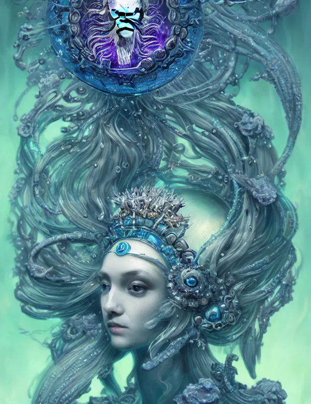 Image similar to goddess macro shouler portrait from bottom to top in crown made of ram skull. betta fish, jellyfish phoenix, bioluminiscent, plasma, ice, water, wind, creature, super intricate ornaments artwork by tooth wu and wlop and shofff and greg rutkowski