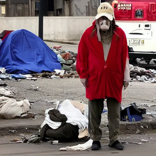 Image similar to donald trump dressed as a homeless man living in the slums