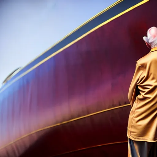 Image similar to wrinkled hunchbacked old man in musty burgundy suit, polishing painting the side of a huge gold plated mega yacht with a cloth, maintenance photo