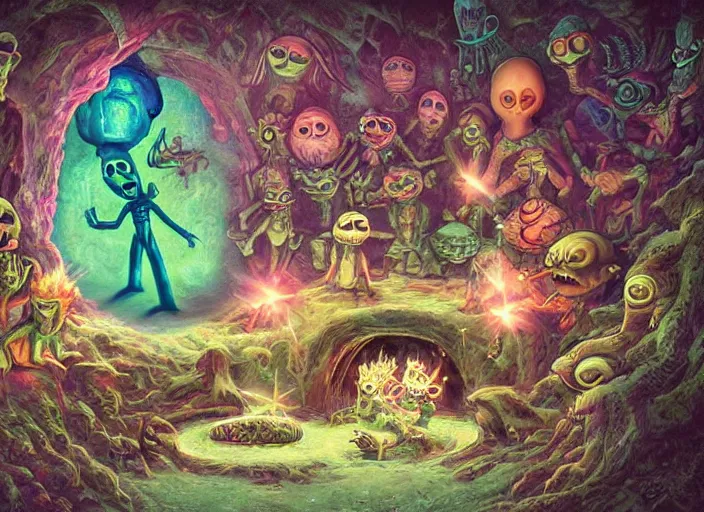 Image similar to 👽👾 aliens, in a beautiful cave, lowbrow, amazing colorful background, digital art, concept art, in the style of mark ryden, 3 - d 4 k,