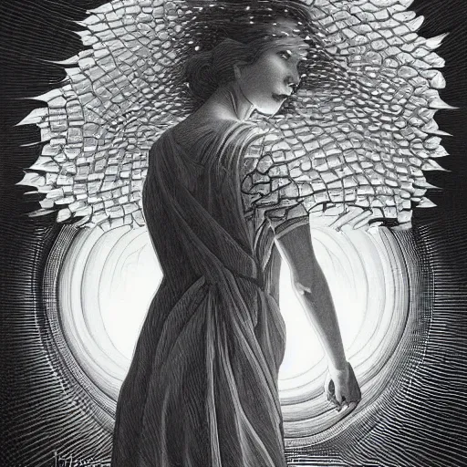 Image similar to beautiful painting of science, spatial space deformation in latent space, math art, by artgerm and dan mumford and vermeer and gustave dore