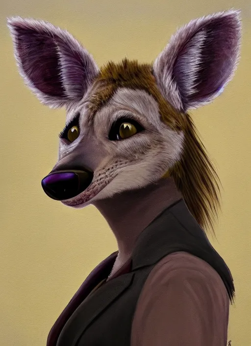 Image similar to oil painting detailed full body of anthromorphic female hyena, in style of zootopia, zootopia, zootopia, fursona, furry, furaffinity, 4 k, deviantart, furry art, fursona art, wearing black business suit, business suit, in style of zootopia, hyena fursona, cyberpunk, female, expressive, detailed feminine face,