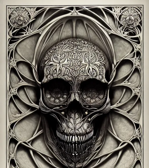 Image similar to art forms of nature by ernst haeckel, memento mori by arthur rackham, ornate antique porcelain beautiful skull mask, ultrasharp, photorealistic, hyperdetailed, octane render, polished, art nouveau, neo - gothic, gothic, intricate ornamental organic filigree, art nouveau botanicals, art forms of nature by ernst haeckel, horizontal symmetry, symbolist, visionary